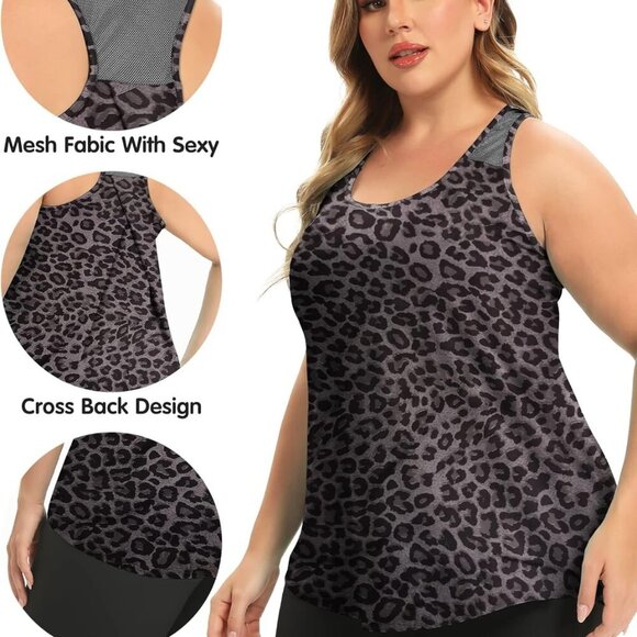 Plus Size Women's Grey Leopard Fit Yoga Racerback Tank Top, Soft, Breathable, Ma - Picture 3 of 5